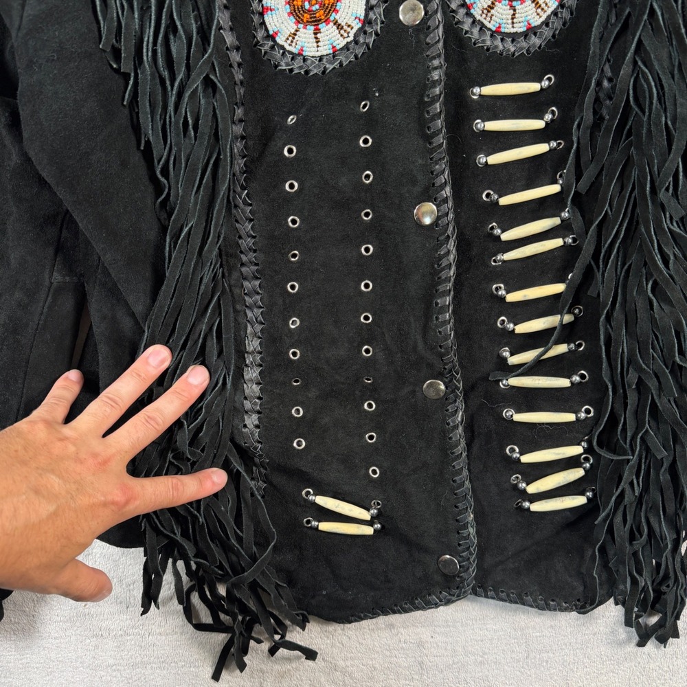 Canadian Leather Creations Jacket Womens XL Black Suede Fringe Beaded Western - Picture 3 of 13
